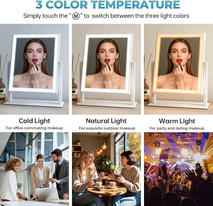 Vanity Mirror with Lights, 3-Color Dimmable & Adjustable Lighted Makeup Mirror with Smart Touch and 360° Rotation