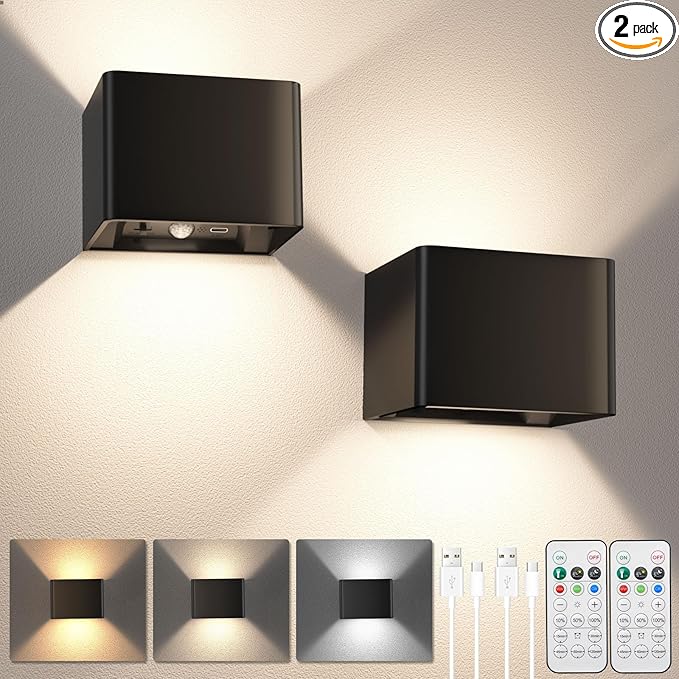 Motion Sensor Wall Light with Remote Control, Rechargeable Battery Operated Wall Sconce with 3 Colors, Wireless Magnetic Wall Lamp, LED Indoor Up and Down Wall Mount Light, Black, 2-Pack