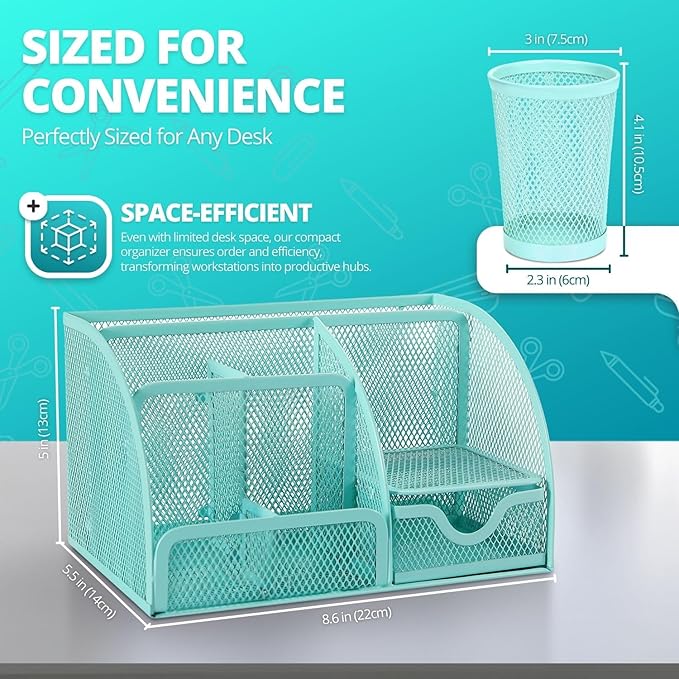 Flexzion Desk Caddy Organizer Set (Green) - Metal Mesh Desktop Caddy with Drawers, 6 Compartments, and Pencil Holder for Women & Men - Desktop Organizer and Storage for Work or Office Supplies