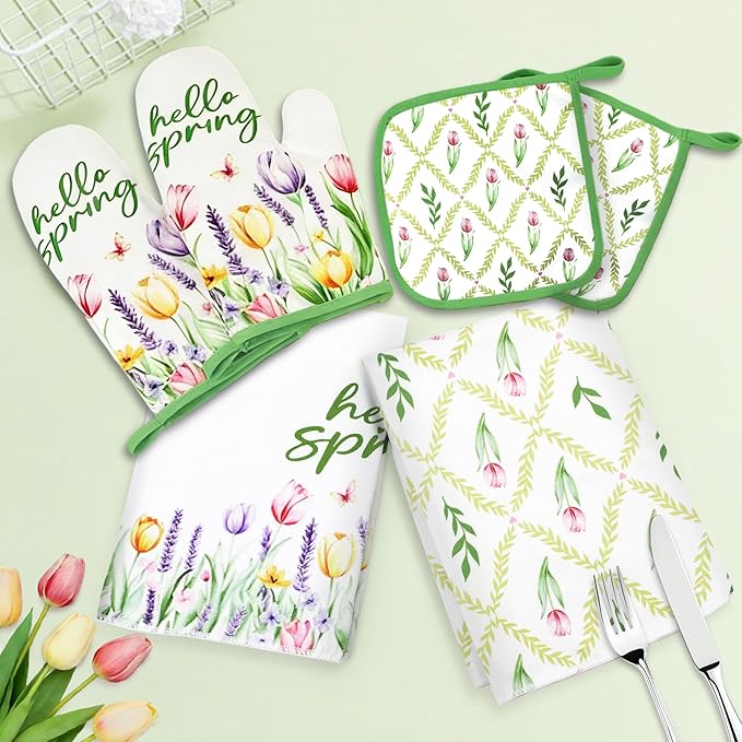 8 Pcs Tulip Floral Spring Style Kitchen Towels and Oven Mitts and Pot Holders Sets 4 Dish Towels 2 Absorbent Square Potholders 2 Heat Resistant Glove for Cooking Baking Home Gifting ﻿