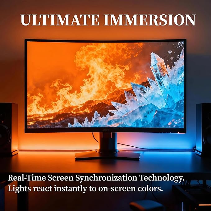 RGB Monitor Backlight with Screen Sync for 32 Inch Screens, Dual USB Powered LED Ambient Lighting Kit, Music Rhythm & Dynamic Modes, Immersive Bias Lighting for Home Office Gaming (4 Sides - 32 inch)