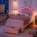 HIFIT Twin Upholstered Smart LED Bed Frame with Storage Drawer and Adjustable Chic Double Petal Headboard, Princess Platform Bed for Girls/Kids, Solid Wood Slats Support, No Box Spring Needed, Pink