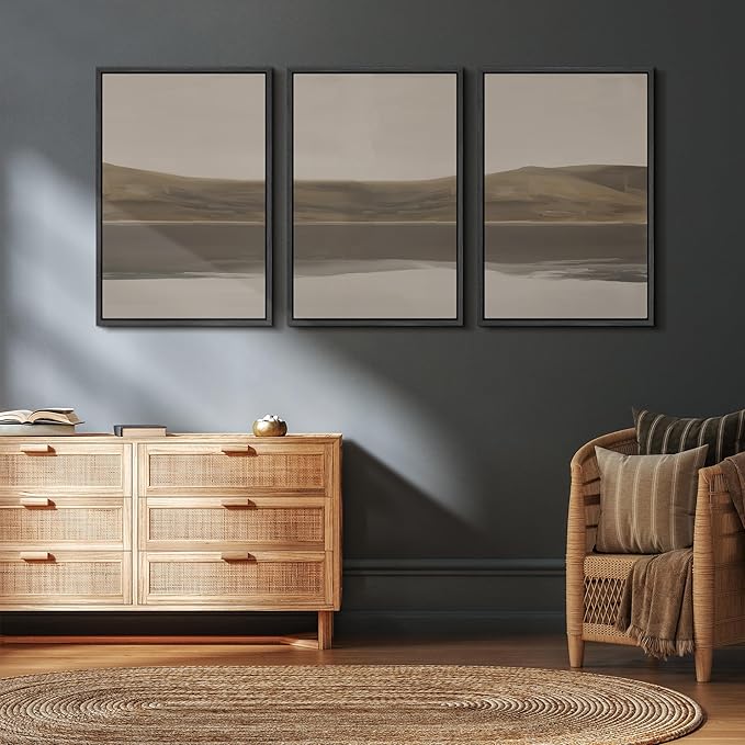 wall26 Framed Canvas Print Wall Art Set Minimal Horizon Landscape in Calm Neutral Shades Illustrations Modern Art Decorative Multicolor for Living Room, Bedroom, Office - 24"x36"x3 BLACK