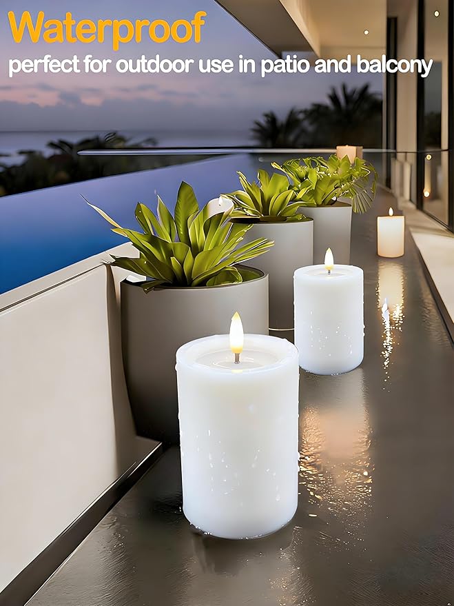 3"x6" Outdoor Waterproof Flameless Candles with Remote and Timers, LED Candles, Battery Operated Candles, Electric Fake Pillar Candles for Patio, Porch, and Lanterns Decor (White, Plastic)