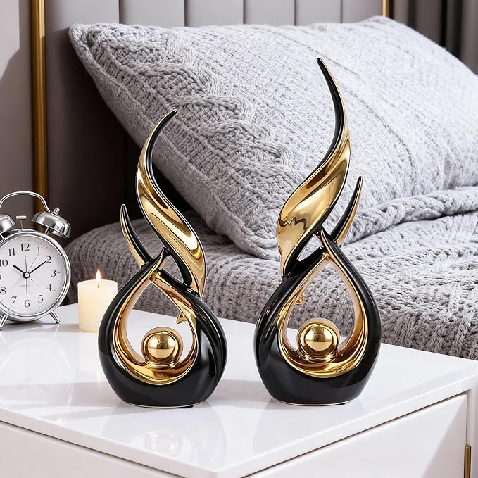 DOVDOV 2-Piece Abstract Black and Gold Home Decor, Ceramic Abstract Sculpture, Modern Artwork, Suitable for Room Coffee Table countertops, Office Bookshelves, Dining Table Centers, entryway Decor.