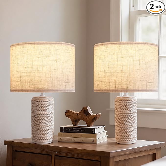 Bedroom Table Lamp Set of 2 for Home and Modern Farmhouse Decor, White Ceramic Bedside Lamps for Living Room and Bedrooms, Nightstand Light for Side Table, Small End Table and Tall Desk