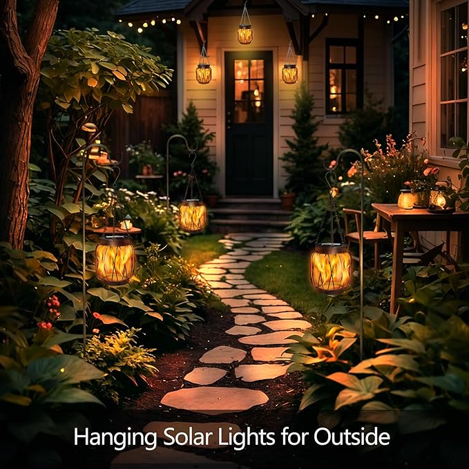Solar Hanging Lantern Lights Outdoor Waterproof, 2 Pack Solar Flame Lantern with Hook, Metal Hanging Lanterns for Outside, Led Porch Lanterns for Patio Tree Camping Garden Decorative Lights