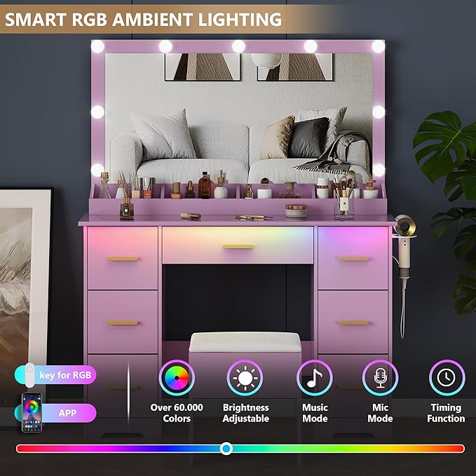 44" Vanity Desk with 38" Large Mirror and 9 LED Lights & Glass Top and Power Outlet, Makeup Vanity Set with 7 Drawers & Chair and RGB Ambient Light, Dressing Table for Bedroom, Modern Purple