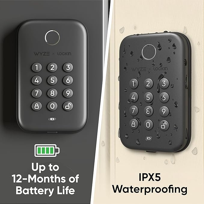 Wyze Auto-Lock Bolt, Fingerprint Unlock with Keypad, Electronic Digital Entry Door Smart Deadbolt Lock, IPX5 Weatherproof, Easy Installation, Matte Black