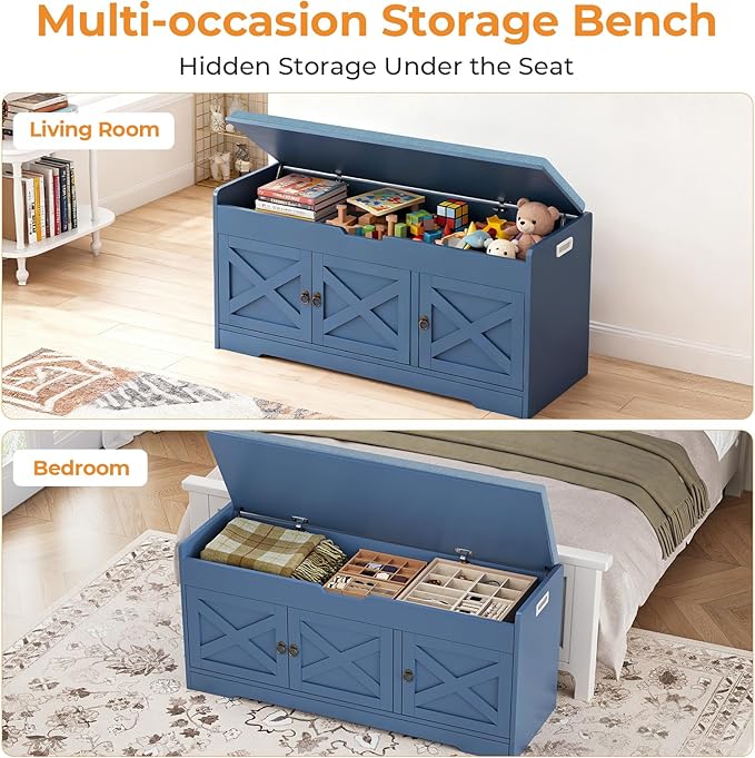 Farmhouse Shoe Storage Bench with Cushion Seat, 3-Tier Entryway Bench with Lift Top Storage and Adjustable Shelf, Bench for Hallway, Bedroom, Blue