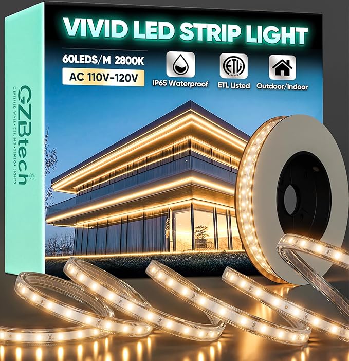 GZBtech AC 110-120V LED Strip Lighting 16.4FT/5M, 2800K Warm White IP65 Waterproof Outdoor Strip Lights, 60LEDs/M SMD2835 Cuttable & Connectable LED Rope Light for Indoor Outside Exterior, ETL Listed