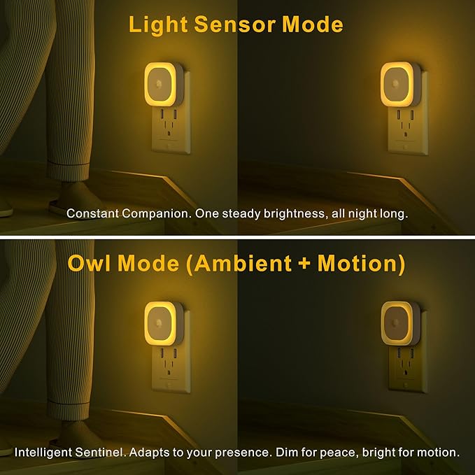 2 Pack Plug in Night Light with Motion Sensor & Dusk to Dawn Sensor, 3 Sensor Modes, Auto ON/Off, Dimmable Nightlight for Living Room, Hallway, Bathroom, Golden Yellow