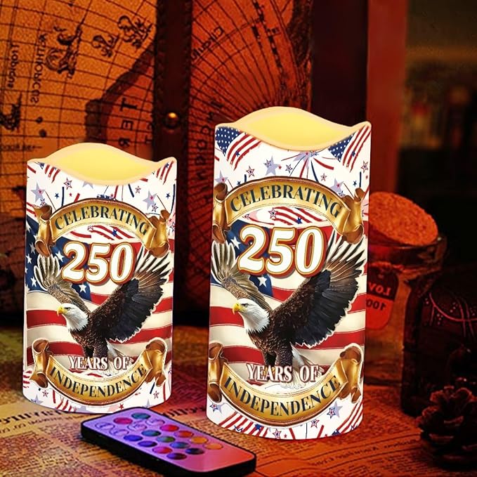 Independence Day Flameless LED Candles Patriotic Floral Design Warm Lamp America 250th Battery Operated Flickering Timer Candle Aesthetic Cozy Minimalist Home Decor, 4 Pack