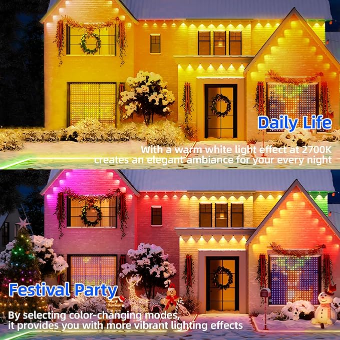 Permanent Outdoor Lights Pro, 50ft with 36 RGB LED Lights for Daily and Accent Lighting, IP65 Waterproof Smart Eaves String Lights with App & Remote, Rainbow Light for Halloween,Christmas -50FT