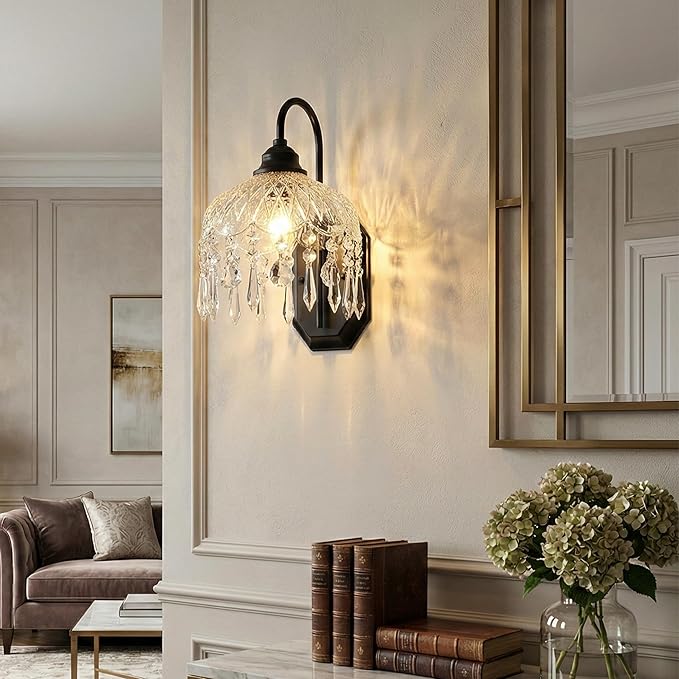 2-Pack Vintage Glass Crystal Wall Sconce, Matte Brushed Antique Black Finish, for Bedroom Bathroom Hallway Living Room