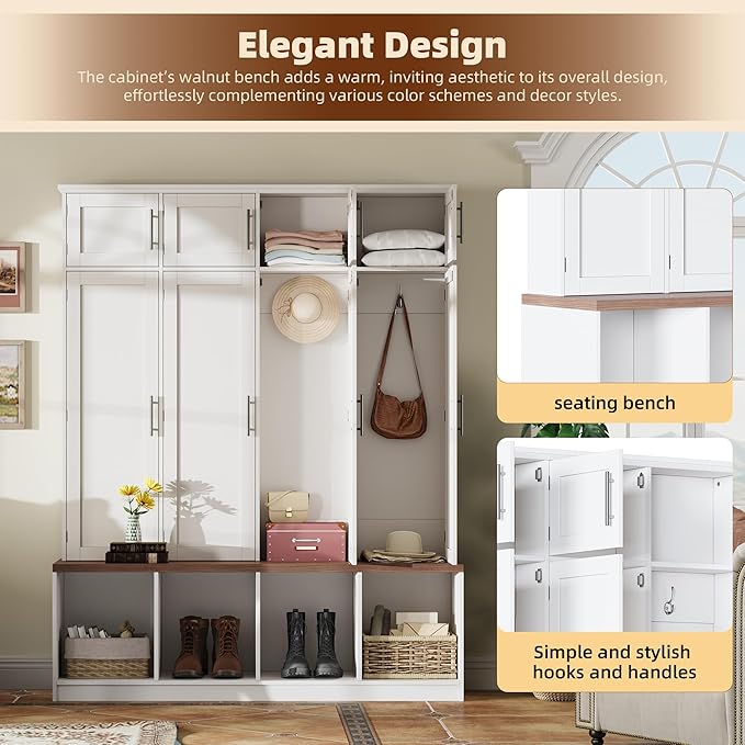 Hall Tree with Entryway Bench and Shoe Storage Compartments, Particle Board Multi-Functional Cabinet with 4 Hanging Hooks, White