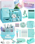 21Pcs Green and Blue Desk Organizers and Accessories With Mesh Desk Organizer and 360°Rotating Pen Holder and a Lot of Office Green Office Supplies Beautifully Presented in a Gift Box