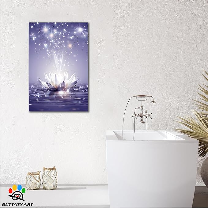 Zen Canvas Wall Art, White Lotus Flower Bloom in Water Picture, Zen Blue Flower Painting, Modern Framed Spiritual Home Artwork for Yoga Spa Meditation Spiritual Room Living Room Office 12x18 inch