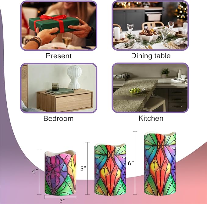 Remote Flameless Candles-Set of 3 Stained Glass LED Pillar Candles Battery Operated Candle with Timer, 4" 5" 6" for Home Window Shelf Decor