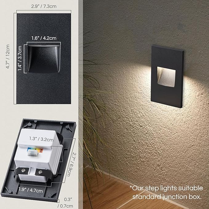 FTL Step Lights Outdoor Stair Lights Indoor LED, Dimmable 120V 3000K/4000K/5000K Color Changing 3.5W 150LM Deck Step Light Outdoor, Waterproof Black Light for Stair Vertical Aluminum, 4-Pack