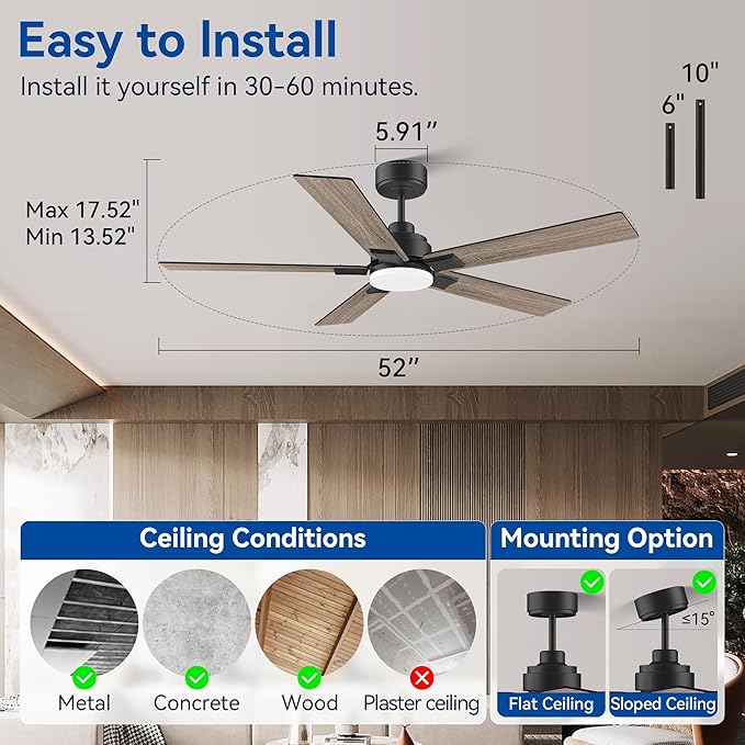 52Inch Smart Ceiling Fan with Lights Remote,APP&Voice Alexa WIFI Controled,Quiet Reversible DC Motor,Dimmable LED,Indoor Outdoor Modern Ceiling Fan,for Living Room Bedroom Patio Porch,Black&Walnut