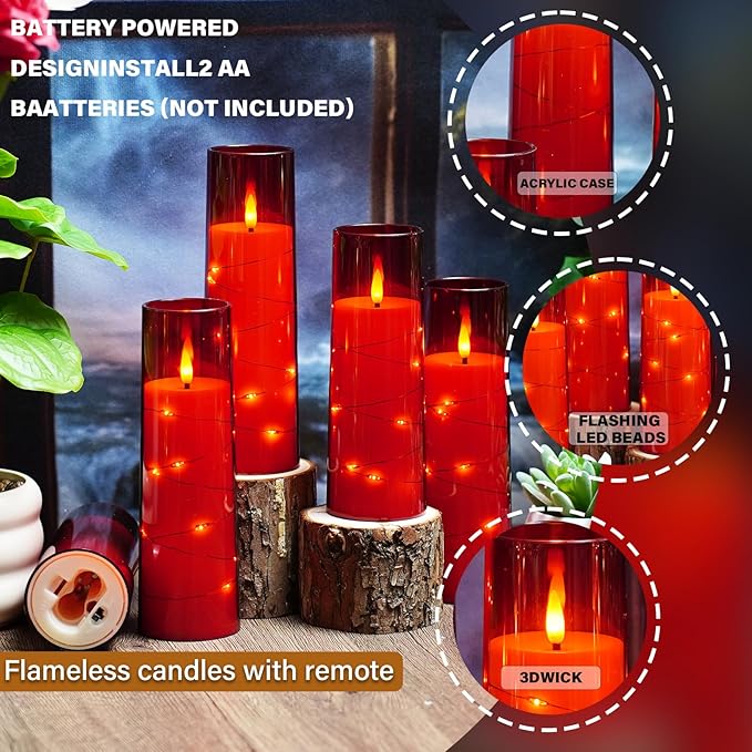 Flickering Flameless LED Candles,Battery Operated Candles 24 Pcs with Embedded Star String,Acrylic LED Pillar Candles with Remote,Suitable for Home Decoration to Create an Atmosphere (Red)
