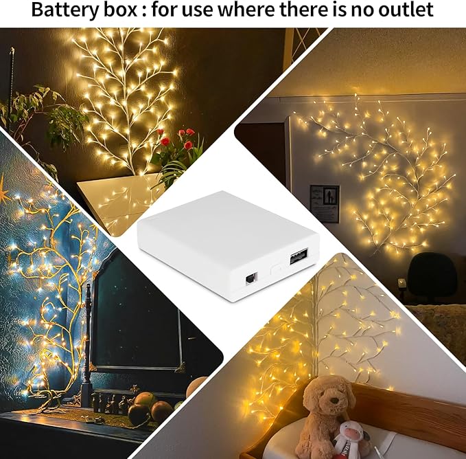 Enchanted Willow Vine Lights, 7.55FT 144LED 2 PCS White Tree Branch Lights for Wall, Remote Timer,8 Light Model,Bedroom Wall Doors Wedding, Christmas, USB Battery Box