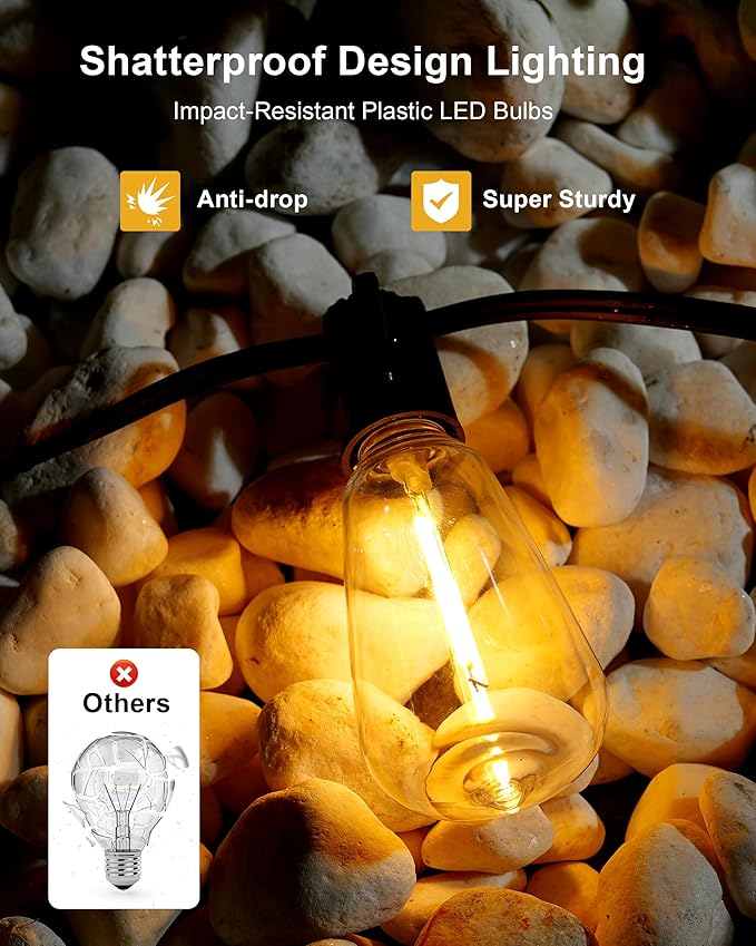 Patio String Lights Plug in 50FT LED Outdoor String Lights with IP65 Waterproof 27 Bulbs, Connectable Dimmable Edison ST38 Outside Lights for Garden, Yard, Porch, Backyard, Deck, Home Decor
