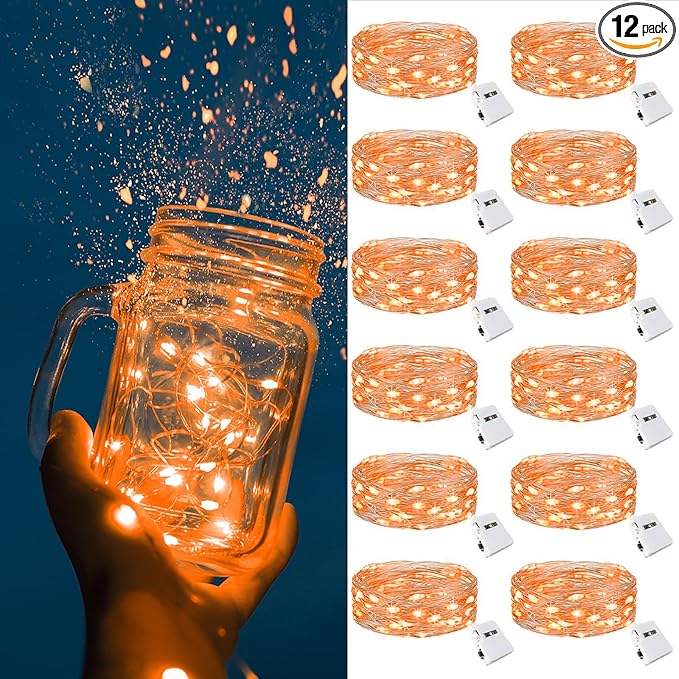 ZGWJ Fairy Lights Battery Operated, 12 Pack OrangeTwinkle String Lights 20 LED 7FT 3 Lighting Modes for Bedroom Decor, Halloween, Christmas, Party Indoor and Outdoor Decoration
