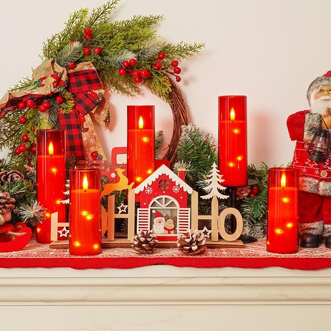 Homemory 12Pcs Flameless Candles with Star String Fairy Lights, Flickering Battery Operated Candles, LED Fake Candles with Remote and Timer, Christmas, Weddings, Home Decor, Red
