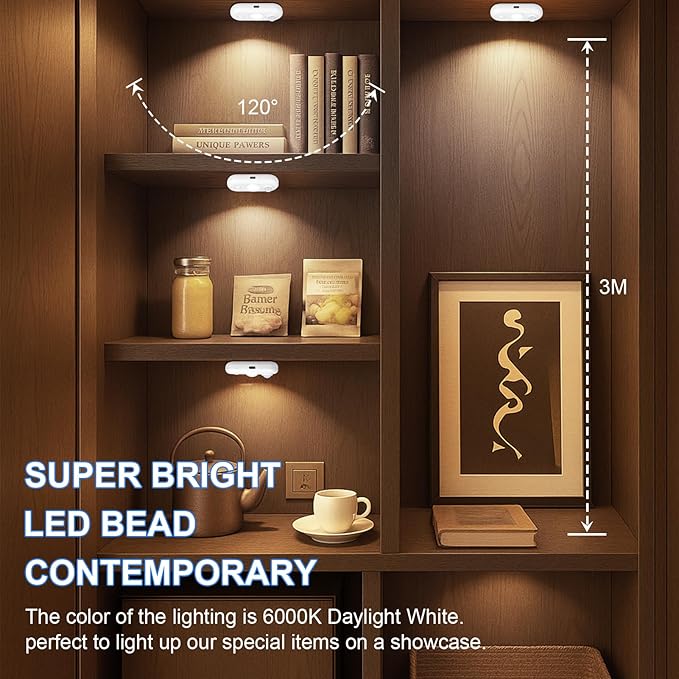 LED Motion Sensor Light Indoor, Magnetic Under Cabinet Lighting Daylight White, Dimmable Rechargeable Puck Lights for Closet, Kitchen, Stairs(4 Pack)