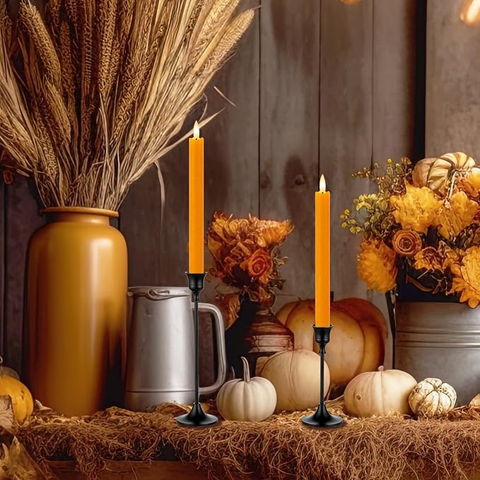 6 Pack Orange Flameless Taper Candles with Remote&Timer, Thanksgiving Battery Operated Candles with Flickering Wick, Fall Candlestick Harvest and Thanksgiving for Home Decor