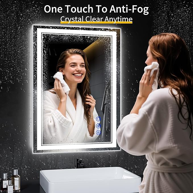 30"x22" LED Bathroom Mirror with Anti-Fog, Stepless Dimmable Lights, 3 Color Modes, Shatter-Proof Tempered Glass,Waterproof Design