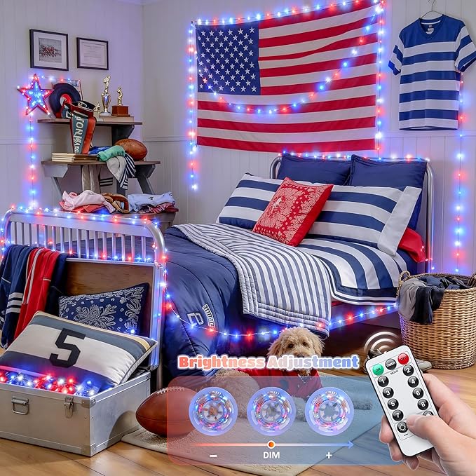 JMEXSUSS 4th of July Decorations Red White and Blue Fairy Lights Plug-in, 33ft 100 LED USB Fairy Light Indoor, 8 Modes Patriotic 4th of July Lights for Independence Day American Flag Holiday