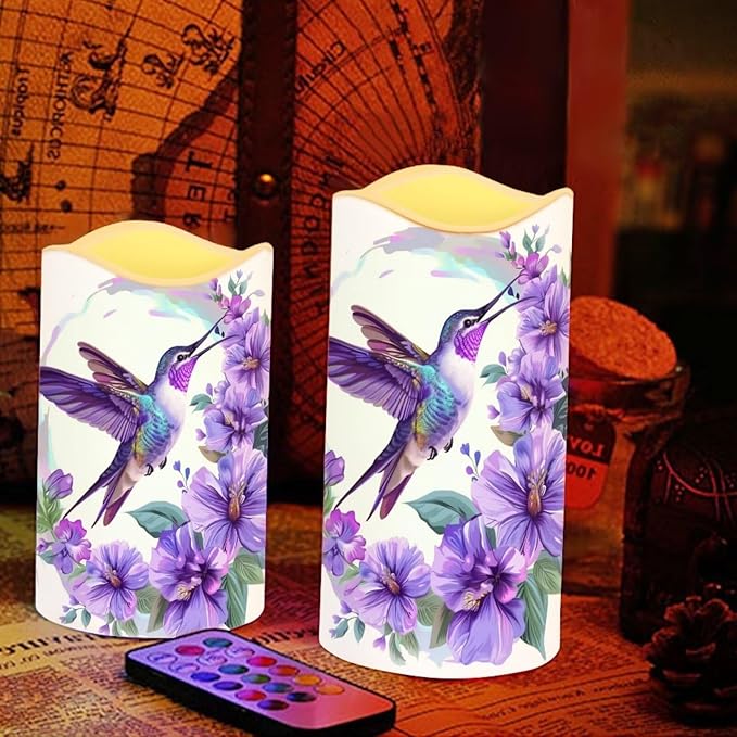 Purple Hummingbird Pillar Candles Bulk Led Flameless Battery Operated Candles with Timer Remote Color Changing Electric Fake Candles for House Warming Home Decorations Set of 4