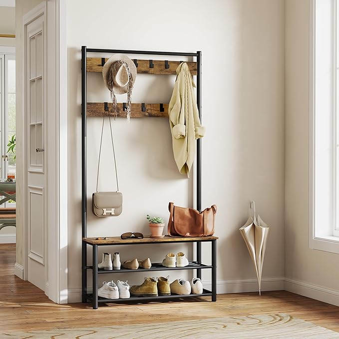 Yaheetech 3-in-1 Hall Tree, Coat Rack Shoe Bench with 11 Removable Hooks and Storage Metal Shelves, Industrial Entryway Storage Bench, Easy Assembly, 33.5× 13.5× 73 Inches, Rustic Brown