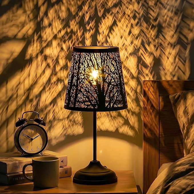 Touch Control Table Lamp, Black Metal Tree Pattern Shadow Lamp Lights Mini Lamps with dimmable 3-Levels Brightness Vintage Accent Decor Lamp Indoor Mood Lighting Bedroom Living Room (Black)