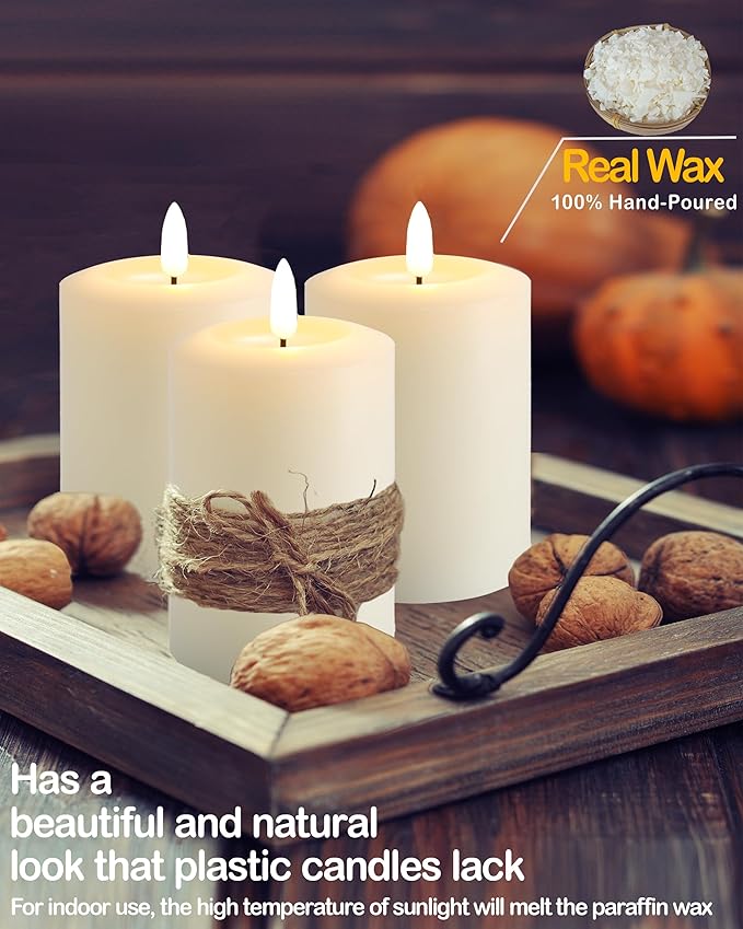 3"x5" Flickering Flameless Candles with Remote Timer, Real Wax, Ivory Pillar Candles, Set of 3 Large LED Battery Operated Candles for Home, Fireplace, Centerpiece, Rustic and Farmhouse Decor