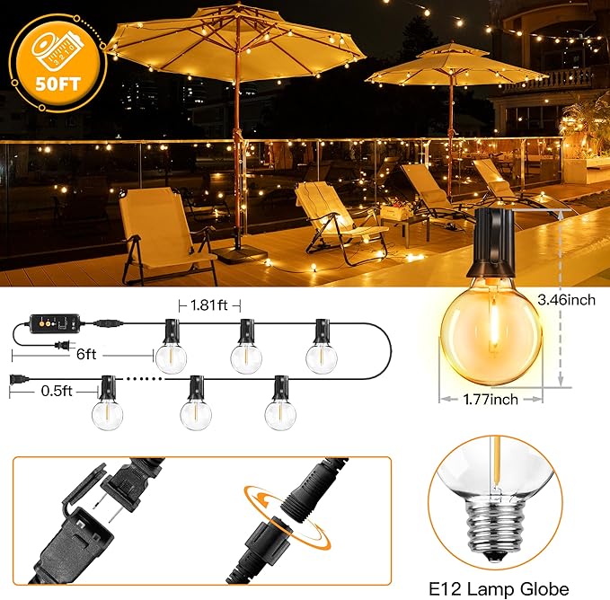 50FT Outdoor String Lights with Remote Dimmer, 25 + 2 Spare Led G40 Bulbs Connectable Dimmable Balcony Lights, Support Timer Waterproof Shatterproof for Patio Porch Garage Cafe