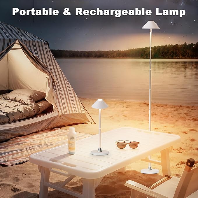 Rechargeable Floor Lamp for Indoor/Outdoor, Cordless Tall Standing Lamp with 3 Color Temps & Dimmable, IP43 Waterproof, Adjustable Height 16-56 Inch, Portable Pull-Up Lamp for Camping, Patio(White)