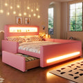 MERITLINE Full Size Upholstered Platform Bed with Drawer, App-Controlled RGB LED Light Strip & USB Port, PU Fabric Storage Bed (Pink) | LED light, Storage Drawer