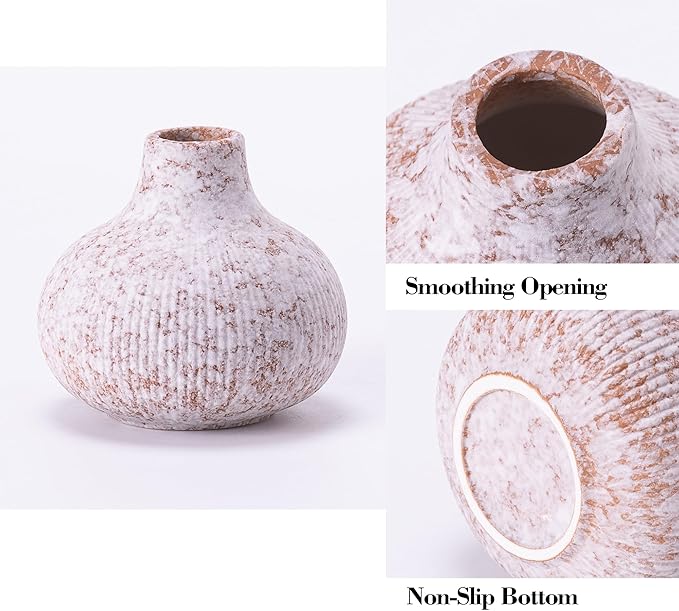 Modern Ceramic Vases Set 3, Stone Style Ribbed Vases Decorative for Table Shelf Decor Bookshelf Decoration