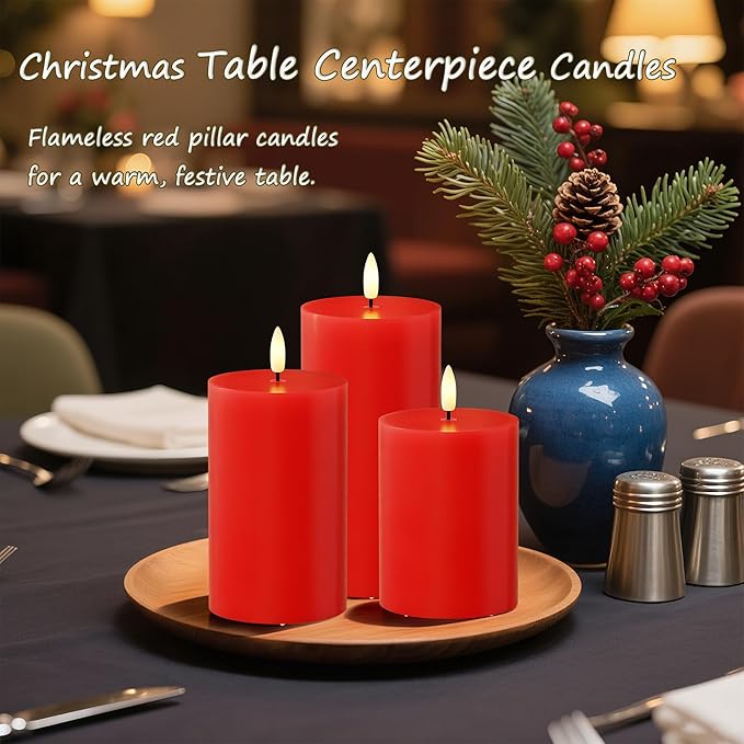 Flameless Pillar Candles with Remote, 3 Pack Battery Operated Real Wax LED Candles, Perfect for Home Decorations Fireplace Table, Red