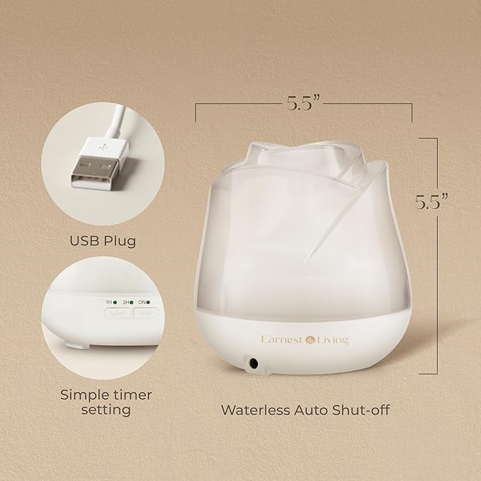 Earnest Living Rose Essential Oil Diffuser 150ml – Mini Ultrasonic Aromatherapy Humidifier for Bedroom & Desk, Quiet Mist, USB Powered, 7-Color Night Light, Valentine's Gift for Women, Frosted White
