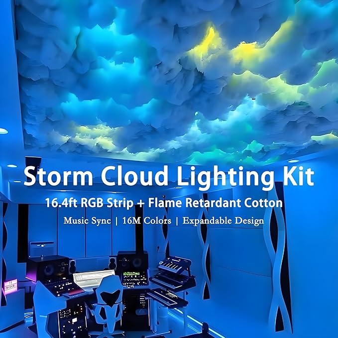 Thunder Glow DIY Storm Cloud Cotton Light Kit with 16.4ft LED Strip – Music Sync Cloud LED Lights for Ceiling, 16M Colors, Expandable Design for Bedroom, Gaming Room, Party Decor (Covers 32-54 Sq.Ft)