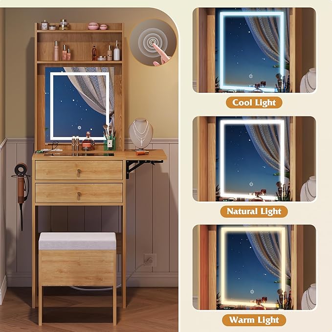 WLIVE Small Vanity Desk with Mirror and Lights, Dressing Table with 2 Drawers, Fold-up Panel and Chair, Makeup Vanity Set with Charging Station for Small Space, Bedroom, Natural Oak