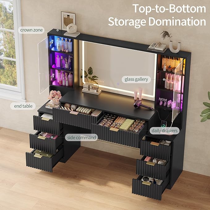 Big Vanity, 59.1" Fluted Wood Makeup Vanity Desk with Mirror and Sound Sync LED Lights, Large Vanity Dressing Table, 8 Drawers, 2 Glass Cabinets, with Charging Station for Girls, Women (Black)