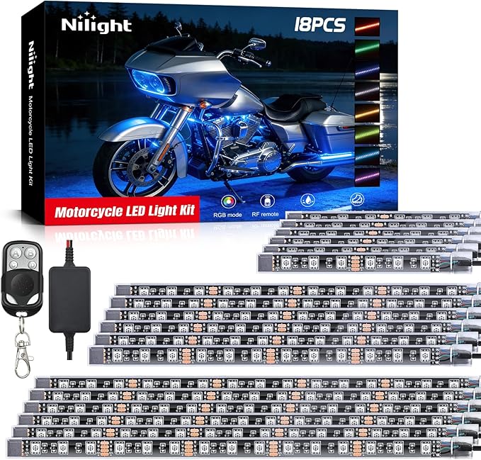 Nilight 18PCS Motorcycle RGB Led Light Kit Waterproof Multi Color Atmosphere Neon Accent Lights Lamp with RF Wireless Remote for Harley Davidson Honda Kawasaki Yamaha Suzuki