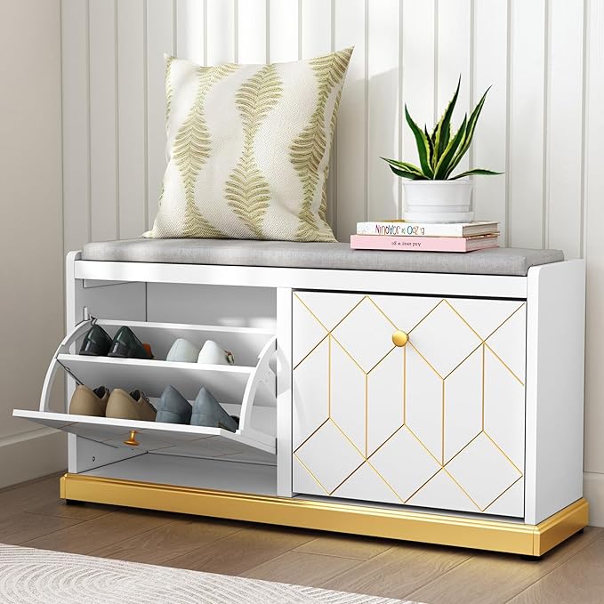 HLR Shoe Bench with Storage, Modern Entryway Bench with 2 Flip Drawer & Padded Cushion Seat, Shoes Storage Bench for Hallway, Closet, Living Room, White Shoe Storage Cabinet with Bench