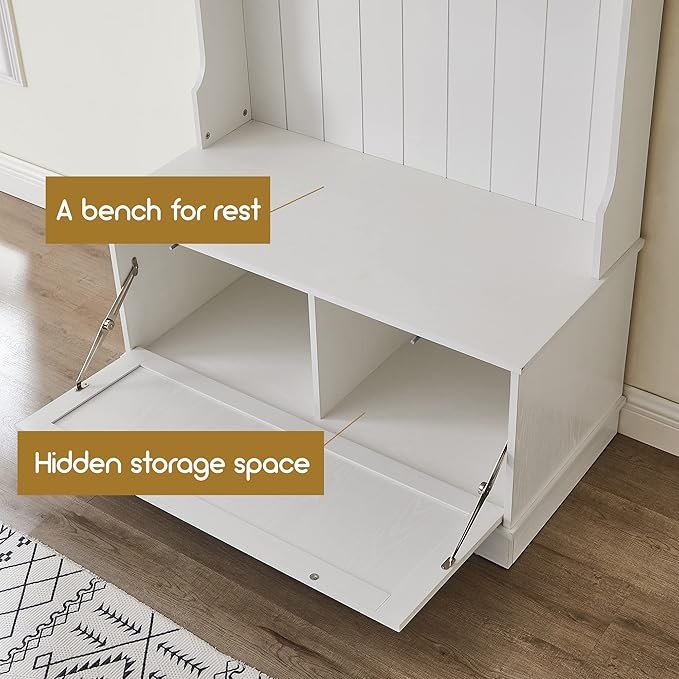 Modern Style 3-In-1 Entryway Hall Tree with Coat Racks and Storage Shelf,Bench and Shoe Cabinet,4 Hooks for Entrance,Hallway,Easy Assembly
